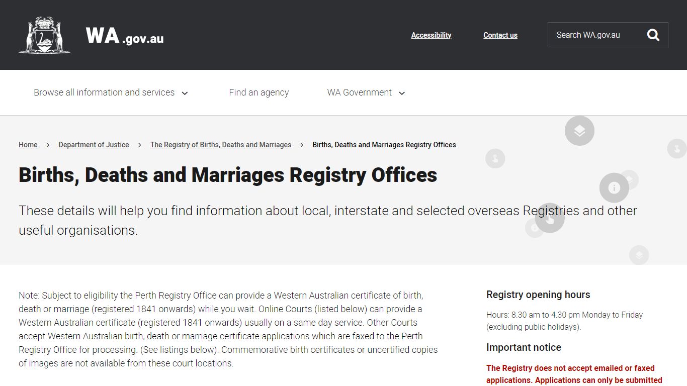 Births, Deaths and Marriages Registry Offices - WA